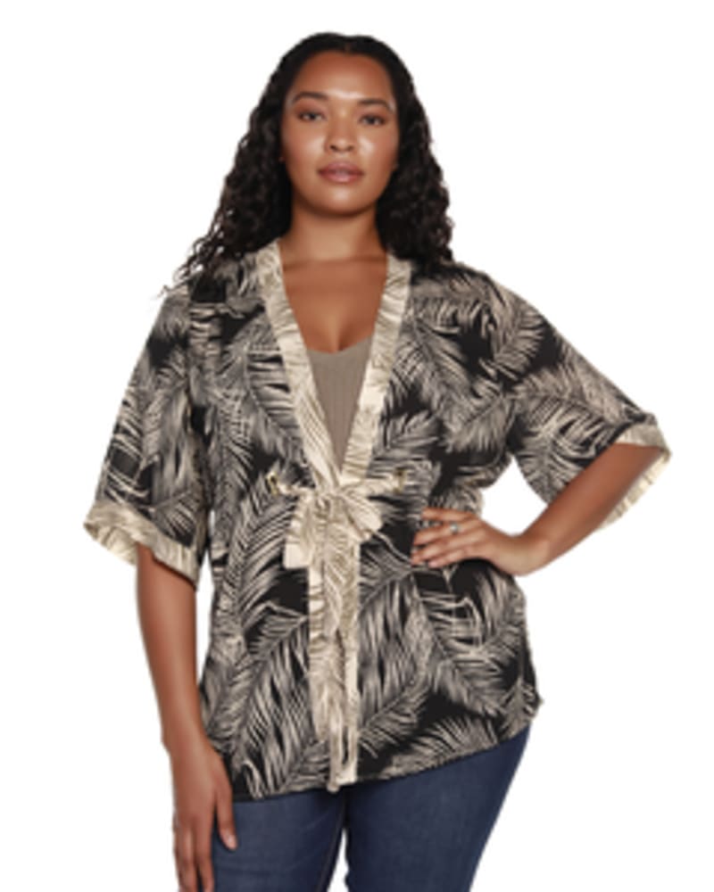 Front of a model wearing a size 1X Josie Palm Print Cardigan in Black/Marzipan by Belldini Black Label. | dia_product_style_image_id:245923